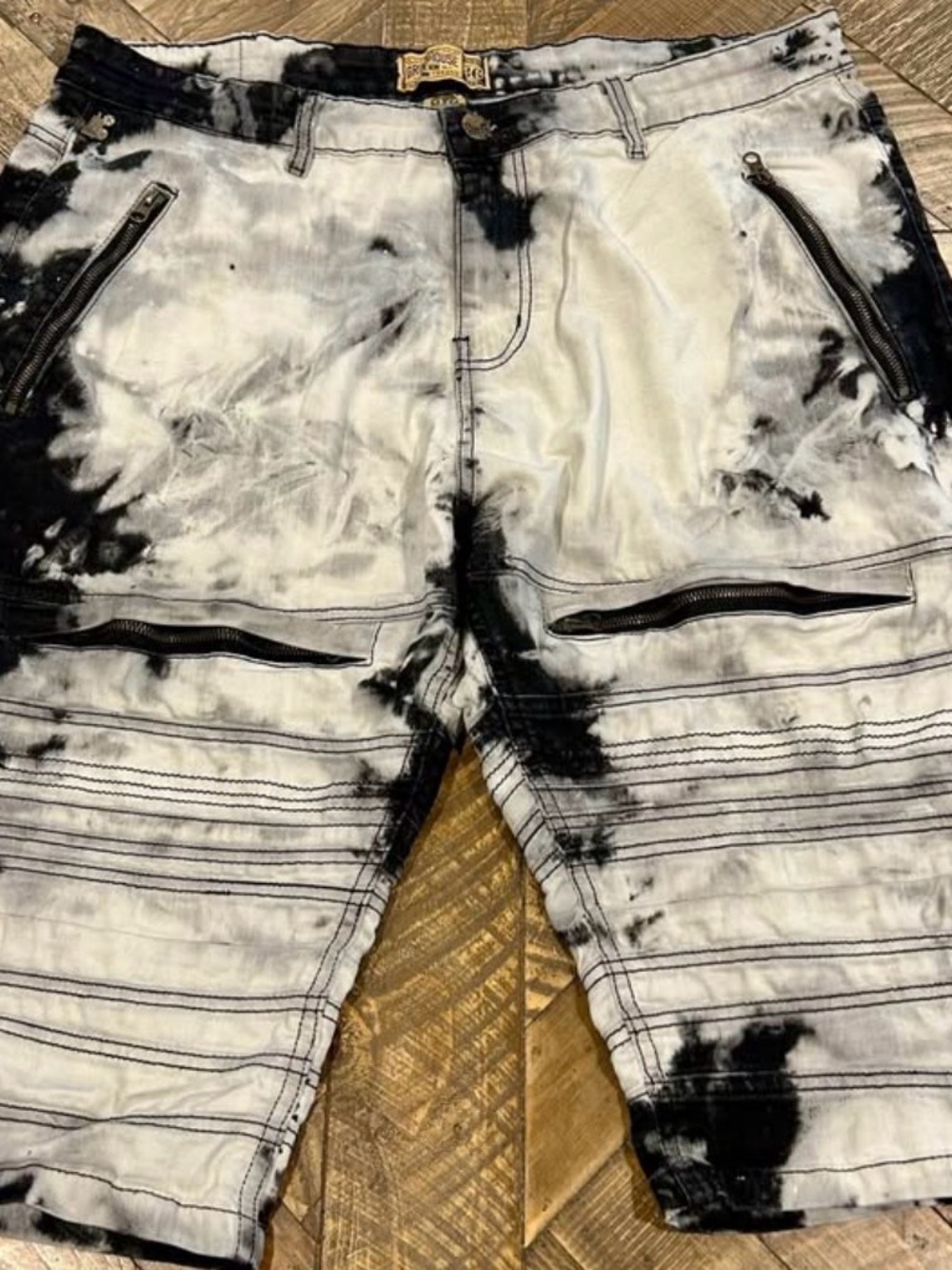 Grindhouse Denim Black & White Tie-Dyed Moto Shorts / Size 36